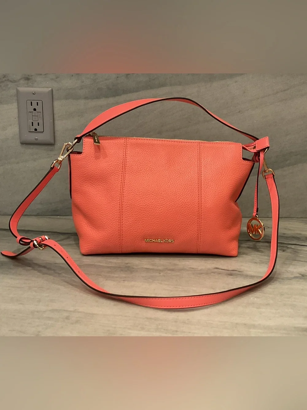 Michael Kors Coral Pebbled Leather Shoulder Bag with Gold Hardware